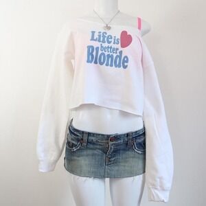 y2k life is better blonde graphic off shoulder cropped sweatshirt mcbling